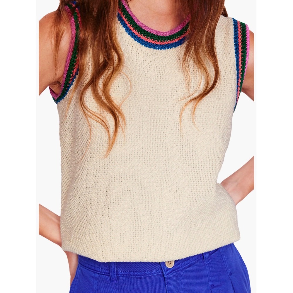 Boden Crochet Trim Tank Cream Cotton Knit Rainbow Sleeveless Sweater Top L